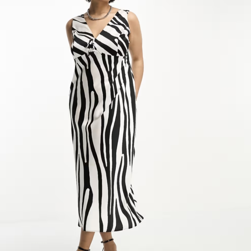 ASOS DESIGN Curve bias satin tie detail midi dress zebra print Size 16